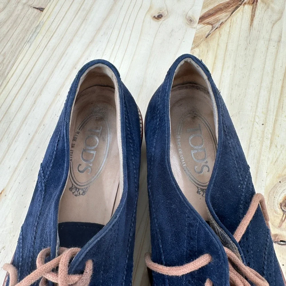 Tod's Wingtip Oxfords Men 39.5 Blue Suede Lace Up Brogue Italian Luxury Shoes